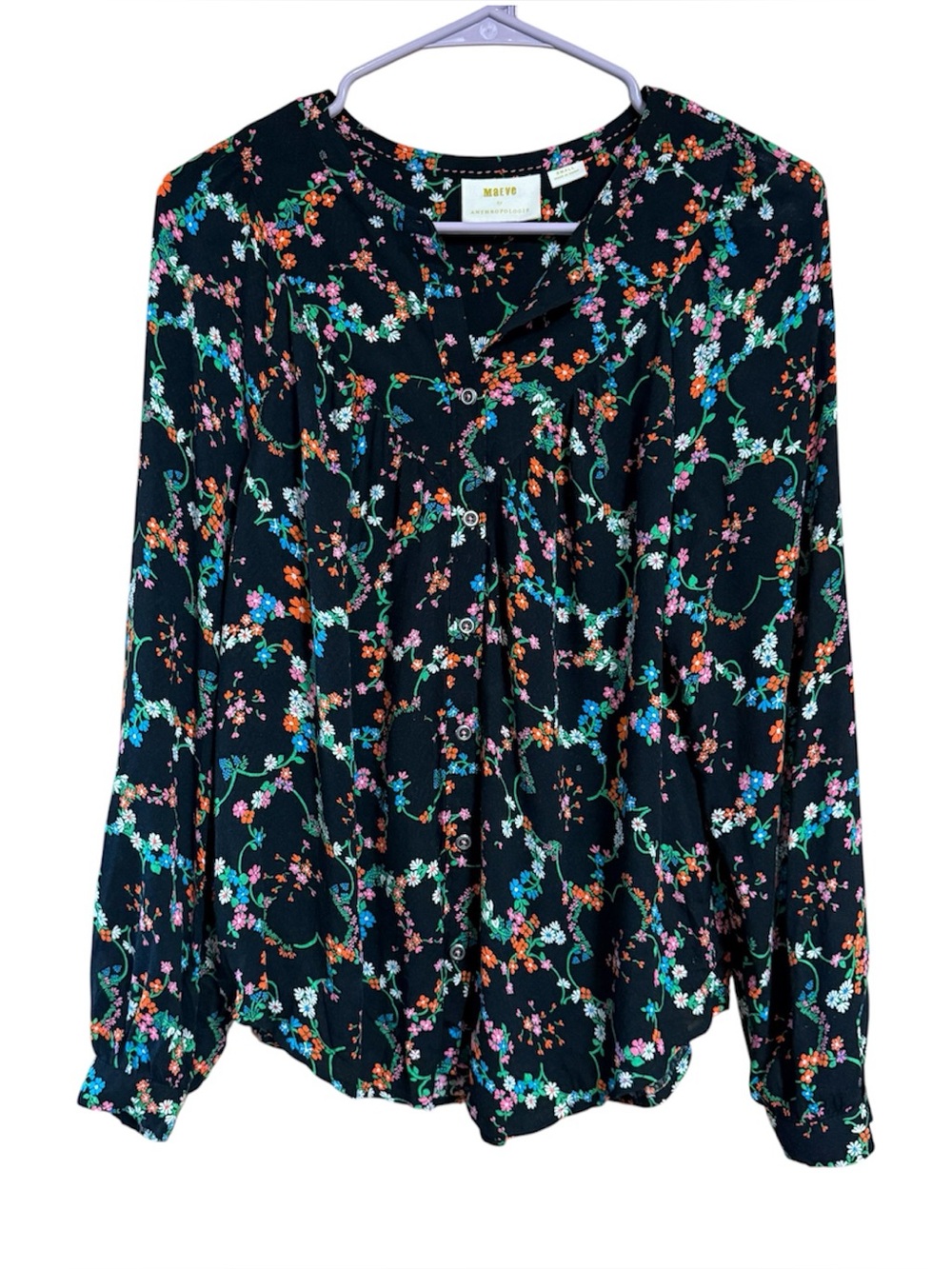 Maeve Floral Button-Front Long Sleeve Top - Black with Multicolor Flowers Small